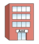 Bild von einem Gebäude. Über der Eingangstür steht Amt.&nbsp;&copy;&nbsp;Lebenshilfe für Menschen mit geistiger Behinderung Bremen e.V., Illustrator Stefan Albers, Atelier Fleetinsel, 2013