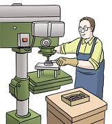 Bild von einem Mann, der an einer großen Maschine arbeitet.&nbsp;&copy;&nbsp;Lebenshilfe für Menschen mit geistiger Behinderung Bremen e.V., Illustrator Stefan Albers, Atelier Fleetinsel, 2013