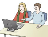Bild zwei Personen am Laptop © Lebenshilfe für Menschen mit geistiger Behinderung Bremen e.V., Illustrator Stefan Albers, Atelier Fleetinsel, 2013