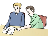 Zwei Menschen sitzen an einem Tisch mit einem Schreiben, der eine erklärt dem anderen das Schreiben&nbsp;&copy;&nbsp;© gezeichnete Bilder:
Lebenshilfe für Menschen mit geistiger Behinderung Bremen e.V., Illustrator Stefan Albers, Atelier Fleetinsel, 2013