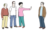 Bild von einer Dreiergruppe, die einen Mann auf Abstand hält&nbsp;&copy;&nbsp;Lebenshilfe für Menschen mit geistiger Behinderung Bremen e.V., Illustrator Stefan Albers, Atelier Fleetinsel, 2013