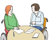 Bild von zwei Rollstuhlfahrerinnen, die an einem runden Tisch sitzen&nbsp;&copy;&nbsp;Lebenshilfe für Menschen mit geistiger Behinderung Bremen e.V., Illustrator Stefan Albers, Atelier Fleetinsel, 2013