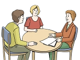 Bild von drei Personen, die an einem runden Tisch sitzen und miteinander sprechen.&nbsp;&copy;&nbsp;Lebenshilfe für Menschen mit geistiger Behinderung Bremen e.V., Illustrator Stefan Albers, Atelier Fleetinsel, 2013