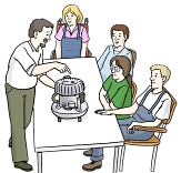 Bild von Menschen, die um einen Tisch sitzen und stehen und sich ein technisches Gerät auf dem Tisch anschauen&nbsp;&copy;&nbsp;Lebenshilfe für Menschen mit geistiger Behinderung Bremen e.V., Illustrator Stefan Albers, Atelier Fleetinsel, 2013