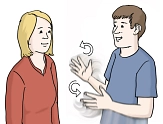 Bild von zwei Personen, die sich in Gebärdensprache unterhalten&nbsp;&copy;&nbsp;Lebenshilfe für Menschen mit geistiger Behinderung Bremen e.V., Illustrator Stefan Albers, Atelier Fleetinsel, 2013