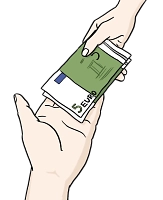 Bild Geld geben: Geldscheine werden von einer Hand in eine andere gegeben.&nbsp;&copy;&nbsp;Lebenshilfe für Menschen mit geistiger Behinderung Bremen e.V., Illustrator Stefan Albers, Atelier Fleetinsel, 2013