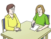 Bild von zwei Frauen am Tisch, die sich unterhalten. Eine Frau macht sich Notizen.&nbsp;&copy;&nbsp;© gezeichnete Bilder:
Lebenshilfe für Menschen mit geistiger Behinderung Bremen e.V., Illustrator Stefan Albers, Atelier Fleetinsel, 2013