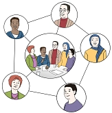 Bild von mehreren Menschen, die mit Strichen verbunden sind. In der Mitte sind nochmal alle zusammen abgebildet.&nbsp;&copy;&nbsp;© gezeichnete Bilder:
Lebenshilfe für Menschen mit geistiger Behinderung Bremen e.V., Illustrator Stefan Albers, Atelier Fleetinsel, 2013