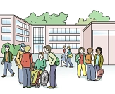 Bild von einem Schulgebäude mit Schüler*innen im Hof&nbsp;&copy;&nbsp;Lebenshilfe für Menschen mit geistiger Behinderung Bremen e.V., Illustrator Stefan Albers, Atelier Fleetinsel, 2013