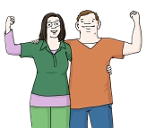 Bild von einer Frau und einem Mann, die Arm in Arm stehen und ihre Muskeln am freien Arm zeigen&nbsp;&copy;&nbsp;Lebenshilfe für Menschen mit geistiger Behinderung Bremen e.V., Illustrator Stefan Albers, Atelier Fleetinsel, 2013