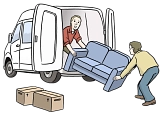 Bild von einem Möbelauto, in das zwei Männer ein Sofa einladen, und Umzugskisten&nbsp;&copy;&nbsp;Lebenshilfe für Menschen mit geistiger Behinderung Bremen e.V., Illustrator Stefan Albers, Atelier Fleetinsel, 2013