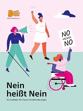 Titelbild der Broschüre mit drei Frauen mit Blindenstock und Megaphon, mit Rollstuhl und Schild mit der Aufschrift "No! No!" und mit erhobener Faust. 
Bild © WENDO Marburg e.V.