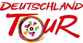 Logo Deutschlandtour. Rote Schrift mit einem Rad mit Speichen im Buchstaben o. © Deutschlandtour