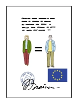 Bild von einem Vertrag mit der EU-Flagge und einem Mann und einer Frau. Zwischen Mann und Frau ist ein "ist-gleich-Zeichen"&nbsp;&copy;&nbsp;© gezeichnete Bilder:
Lebenshilfe für Menschen mit geistiger Behinderung Bremen e.V., Illustrator Stefan Albers, Atelier Fleetinsel, 2013