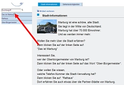 Screenshot von der Seite Stadt-Informationen mit Pfeil auf den Navigationspunkt "Das ist Marburg"&nbsp;&copy;&nbsp;Universitätsstadt Marburg